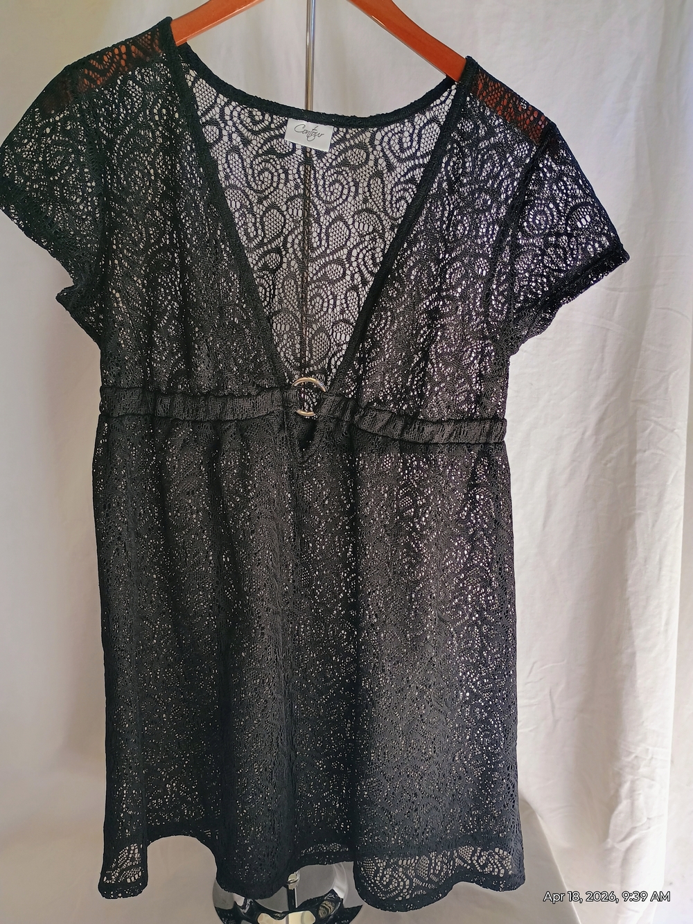 croft & barrow Black Lace V-Neck Cover-Up with Ring Detail